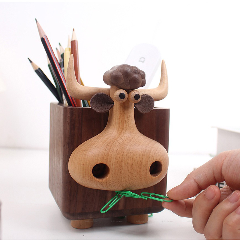 Cute Bull Shaped Wooden Pen Ho - Pen Holder Magnetic review and price